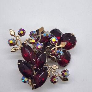 Red rhinestone with gold leaves brooch